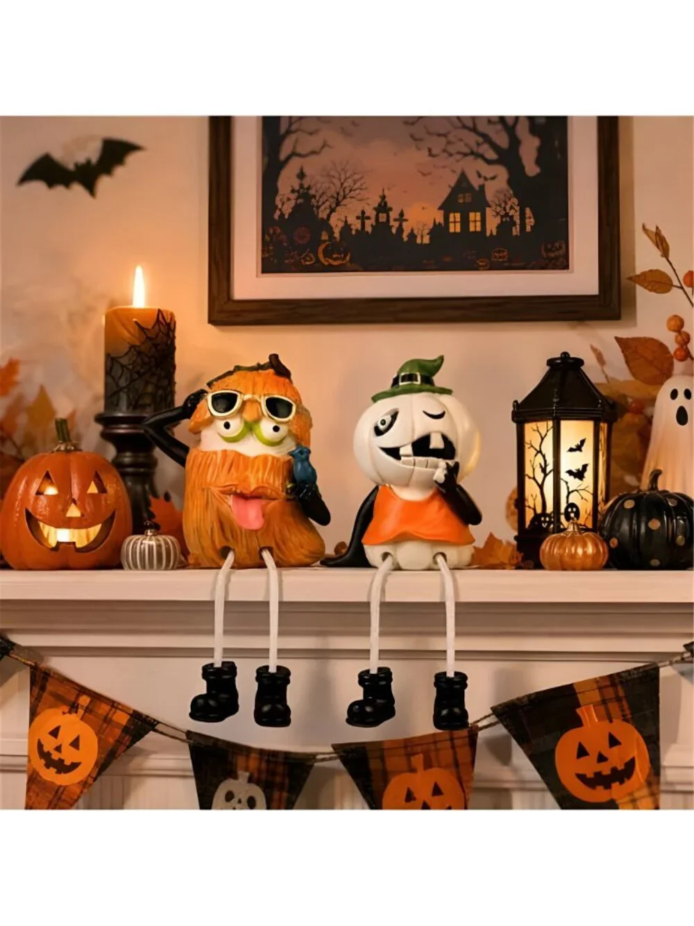 Set of 2 Shelf Sitter Figurine, Halloween Pumpkins with Dangling Legs